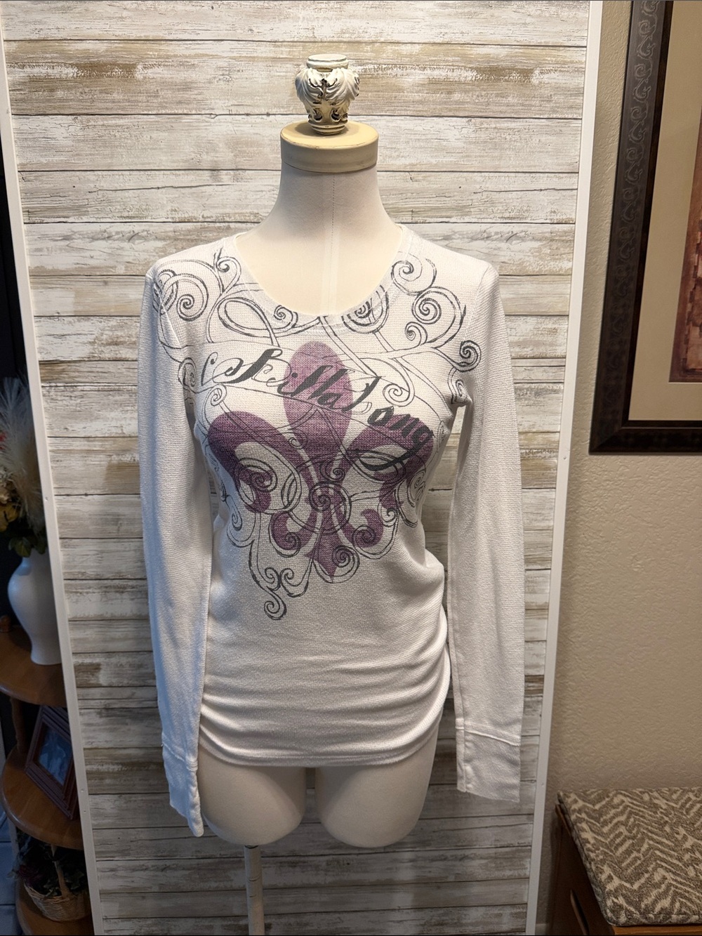Billabong Long-Sleeve White Graphic Top with Purple Scroll Design
